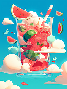 美味水果空中云朵上一杯美味清凉的夏日水果饮品插画