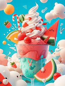 亚热带水果在空中云上一杯美味清凉的夏日水果饮品插画