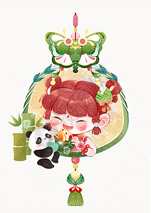 熊猫吃竹子端午节吃粽子的小女孩插画