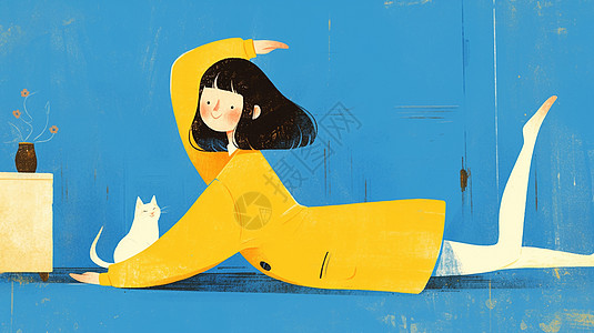 身穿上衣趴在地上与宠物猫一起做瑜伽的卡通女孩图片