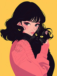 身穿粉色抱着黑猫的卡通女孩图片