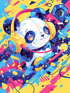 耳麦听音乐帅气的卡通大熊猫插画图片