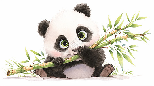 拿着绿色新鲜竹子的大熊猫图片