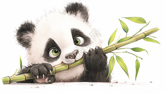 拿着绿色竹子的卡通大熊猫图片