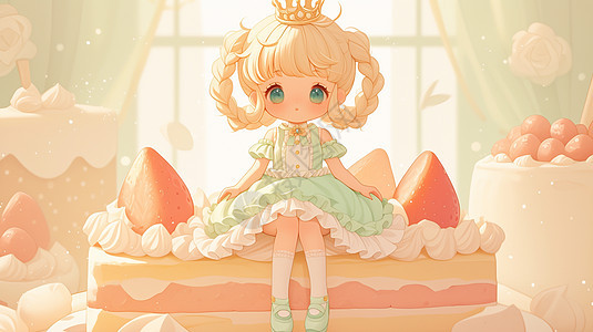 头戴皇冠穿着绿色连衣裙坐在蛋糕上的女孩图片