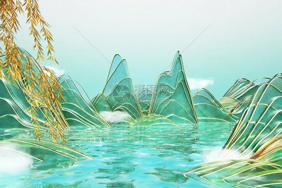 3D立体国潮风翡翠质感山水创意场景图片