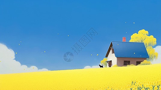 蓝天盛开着油菜花的卡通花田一座小房子与一只小黑狗图片