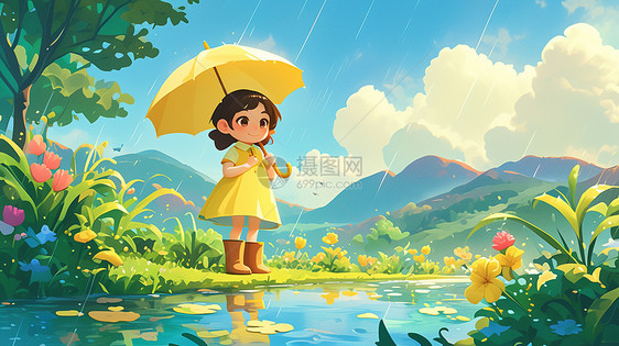 打着雨伞穿着雨靴站在河边赏雨的卡通小女孩图片