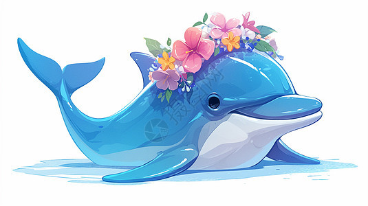 头上戴着花环可爱的可爱卡通小海豚图片