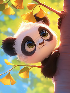 大眼睛毛茸茸可爱的大熊猫在银杏林中图片