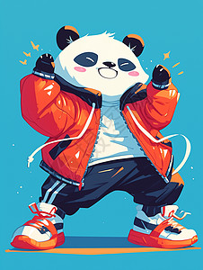 西红色穿着红色运动装时尚的卡通熊猫插画