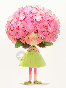 身穿绿色连衣裙头顶粉色花朵的可爱卡通小女孩图片
