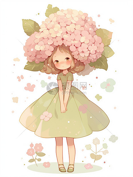 穿绿色连衣裙头顶粉色花朵的可爱卡通小女孩图片