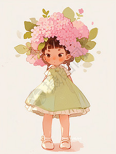身穿绿色连衣裙头顶粉色花朵的卡通小女孩图片