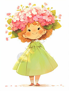 身穿绿色连衣裙头顶粉色花朵的可爱卡通女孩图片