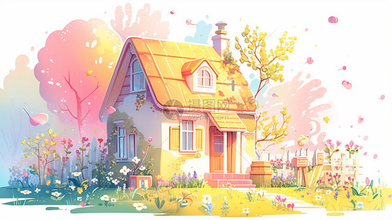 房前屋后开满花朵的卡通小房子图片