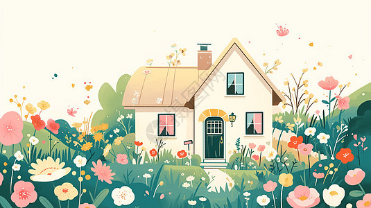 周围开满花朵的卡通小房子图片