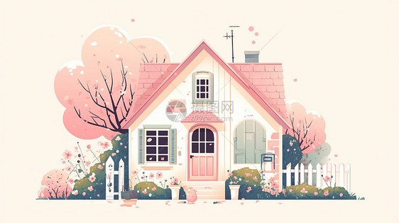 花丛中一座卡通小房子插画图片