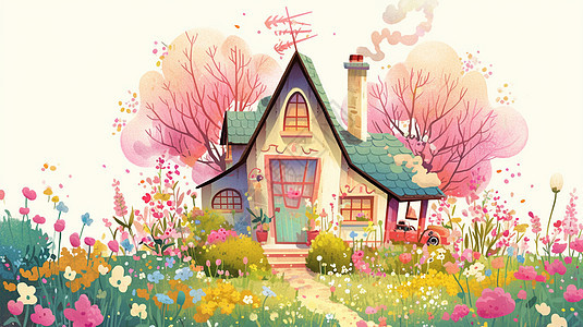 花丛中一座可爱的卡通房子插画图片