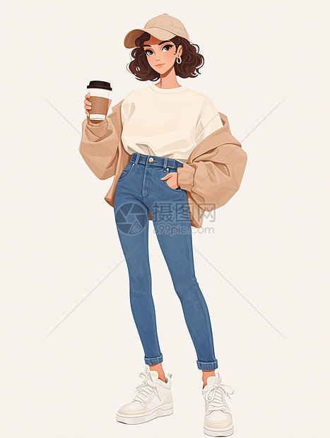 穿牛仔裤端着咖啡的时尚卡通年轻女孩图片