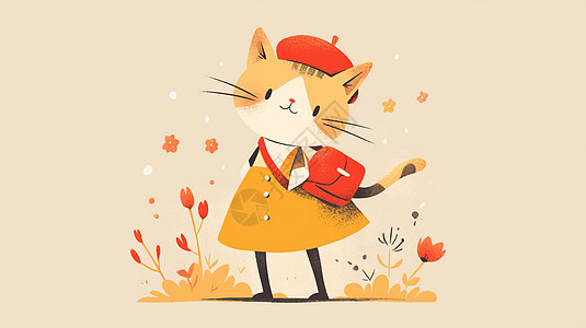 背小红胯包的可爱卡通小猫图片