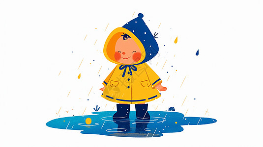 穿黄色雨披在雨中奔跑的卡通小男孩图片
