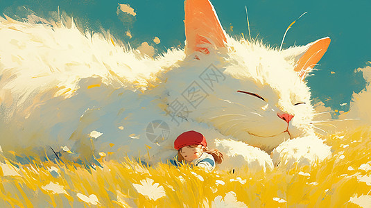 与巨型白猫一起睡觉的卡通小女孩背景图片