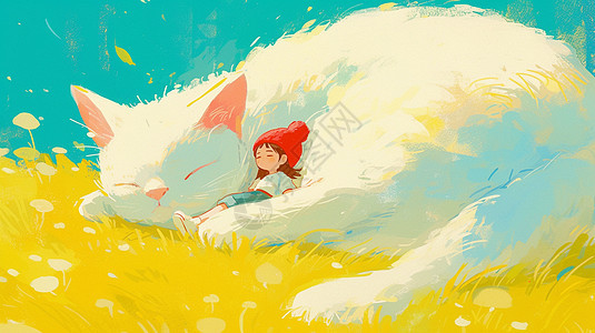 与巨型白猫一起睡觉的卡通可爱小女孩图片