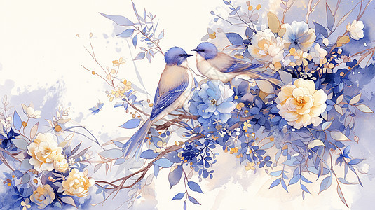 在盛开着花朵的树枝上的卡通可爱小鸟背景图片