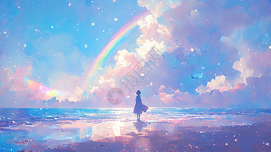 站在大海边欣赏空中彩虹的卡通小女孩背影图片