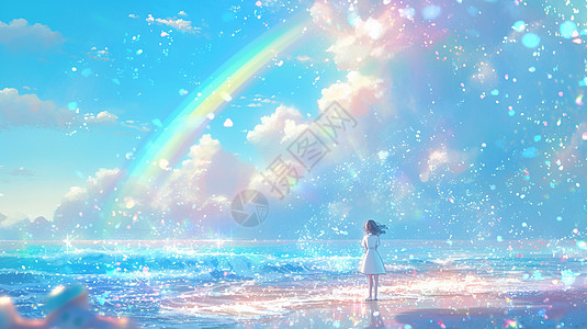 在大海边欣赏空中彩虹的卡通小女孩背影高清图片