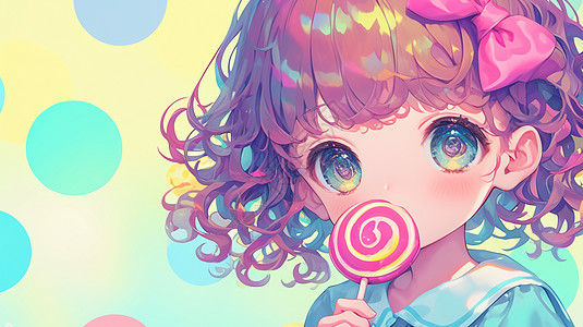 粉色棒棒糖戴着蝴蝶结吃棒棒糖的卷发可爱卡通小女孩插画
