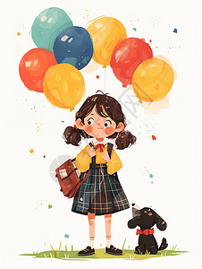 穿背带裙带着很多彩色气球的卡通小女孩与她的小黑狗宠物图片
