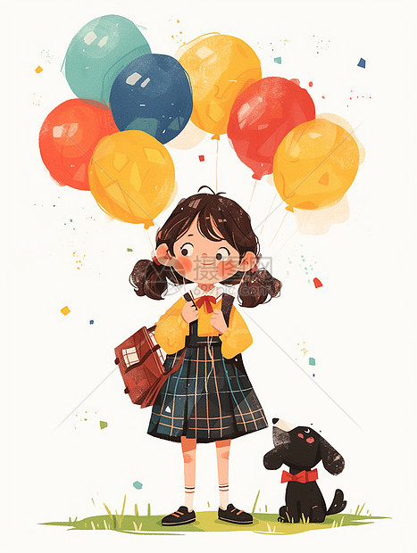 穿背带裙带着很多彩色气球的卡通小女孩与她的小黑狗宠物图片