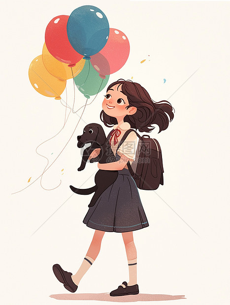 身穿背带裙带着彩色气球的卡通小女孩与她的小黑狗宠物图片