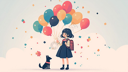 背着书包手拿彩色气球与宠物狗一起走路的卡通小女孩图片