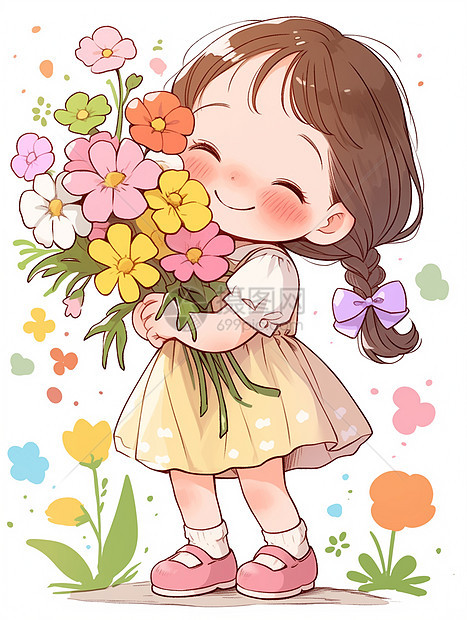 抱着一束花朵面带微笑的可爱卡通小女孩图片