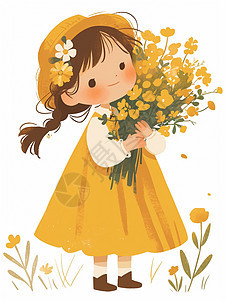 抱着一束花朵面带微笑的可爱卡通女孩图片