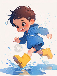 穿蓝色上衣黄色雨靴在雨中奔跑的卡通小男孩图片