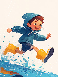 穿着蓝色上衣黄色雨靴在雨中奔跑的卡通男孩图片