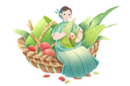 端午节中国风女性包粽子装饰插画图片