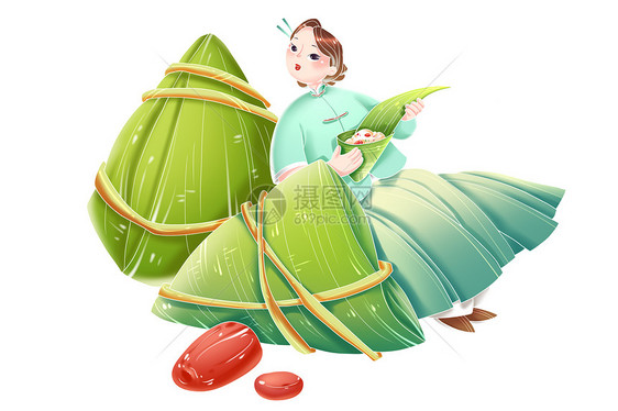 中国风端午节传统美食女性人物和大粽子组合图片