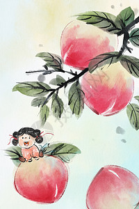 手绘水墨夏季水果系列之桃子插画图片