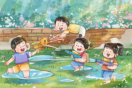 在家玩、手绘夏天之儿童水枪游戏可爱治愈系插画插画