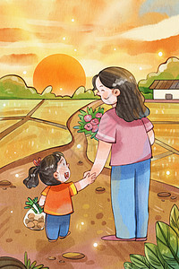 回家背景手绘水彩母亲节之女孩牵着妈妈的手回家温馨治愈系插画插画