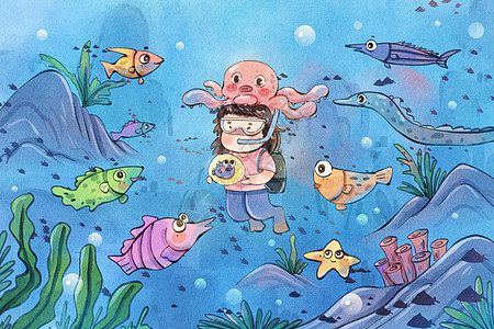 手绘水彩世界海洋日之被鱼群围在一起的女孩治愈系插画高清图片