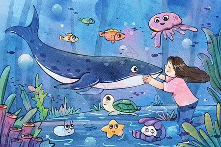 手绘水彩世界海洋日之抚摸鲸鱼女孩治愈系插画图片