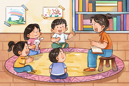 幼儿园吃饭手绘水彩校园生活老师给学生讲故事场景插画插画