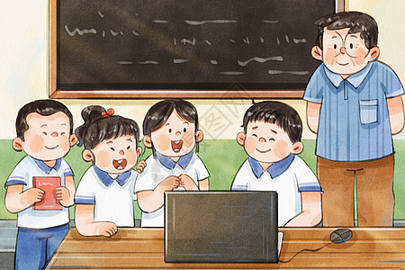 儿童可爱背景手绘水彩校园生活之老师学生一起学习电脑知识温馨插画插画