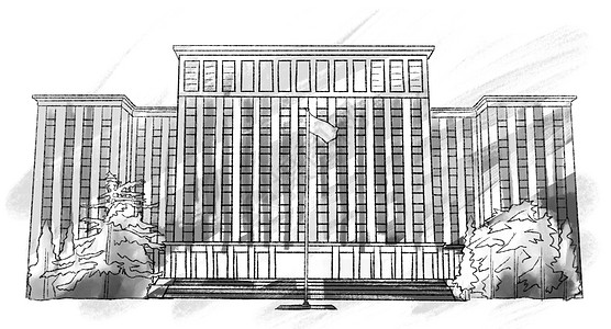 城市特色建筑水墨素描插画老地标清华大学主楼广场插画